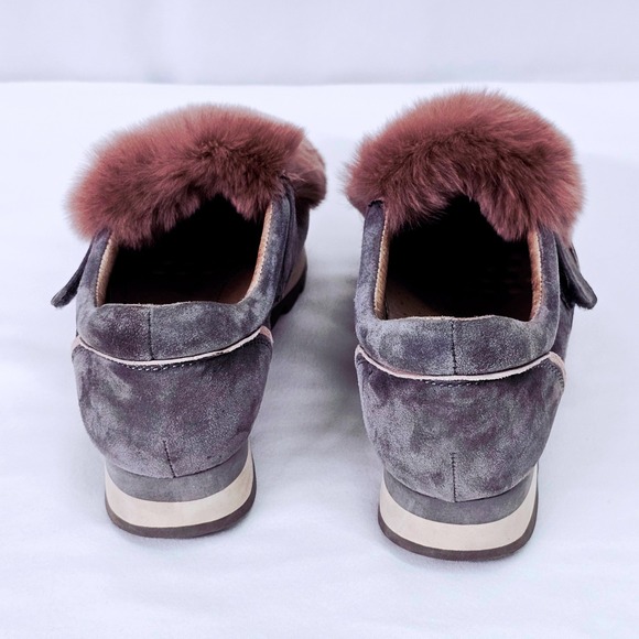 Ekonika Gray Suede‎ Platform Sneakers Women's Size 6 36 Fur Trim Hook Loop Strap - Picture 5 of 12